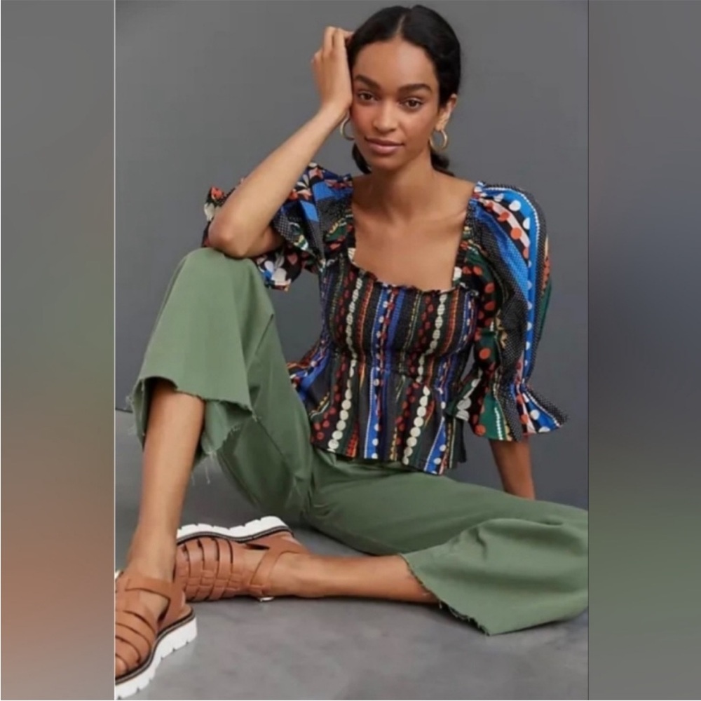 Anthropologie Multicolor Peasant Blouse with Puff Sleeves